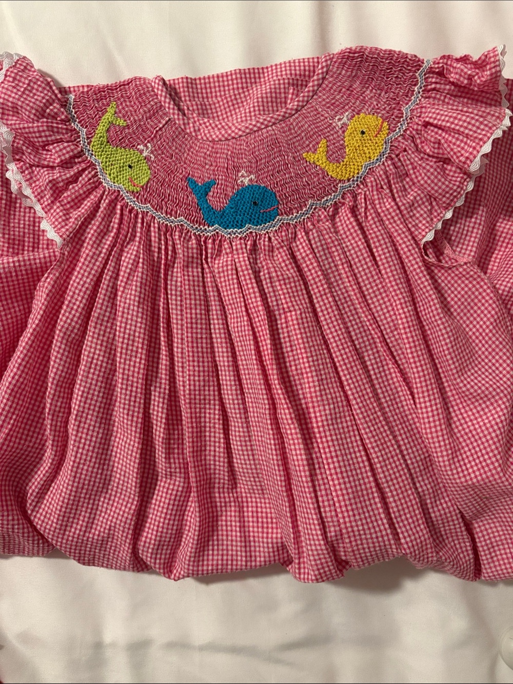 Pink Gingham Smocked Dress with Whale Embroidery